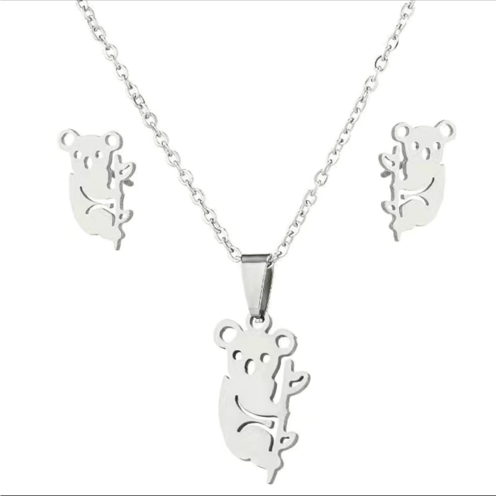 Stainless Steel Silver Koala Bear Pendant Necklace and Stud Earring Set